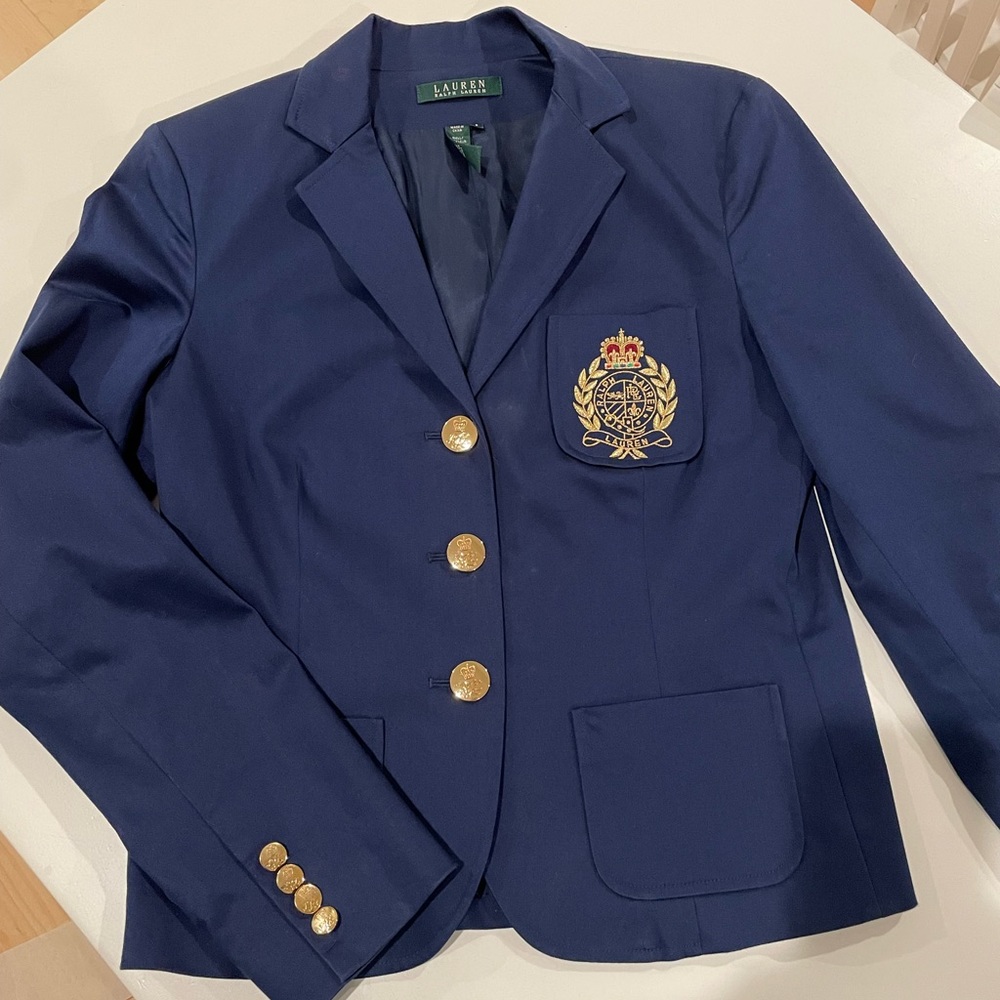 Ralph Lauren Womens Navy Crested Blazer small preppy jacket classic blue